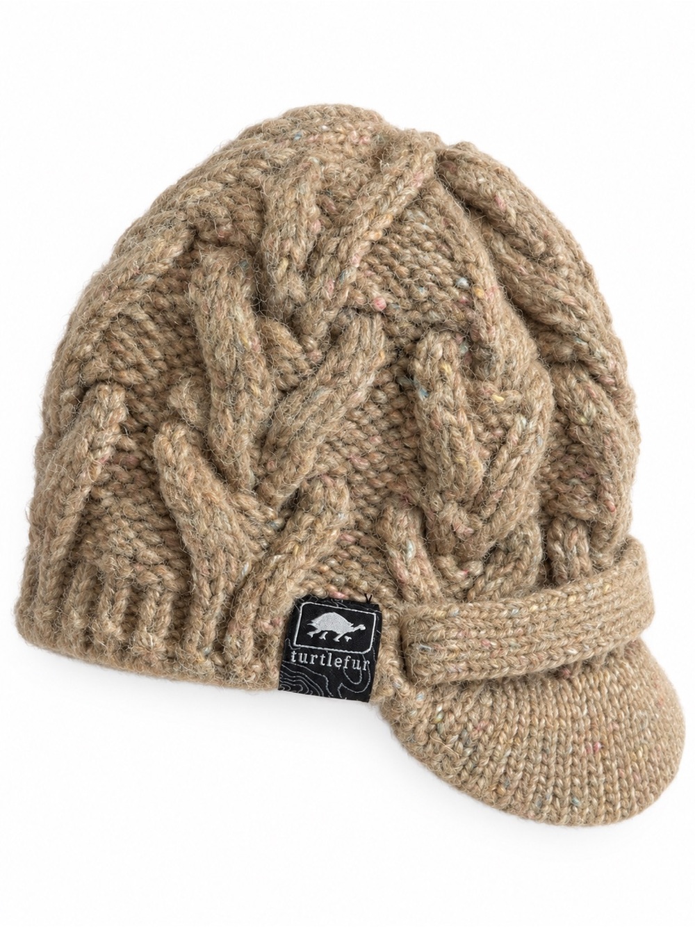Turtle Fur Cable Knit Visor Beanie Fleece Lined Hat Taupe Tan Black O/S